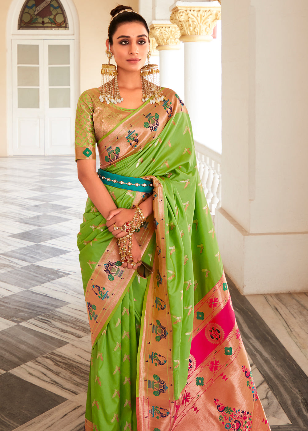 Buy MySilkLove Parrot Green and Pink Zari Woven Paithani Silk Saree Online