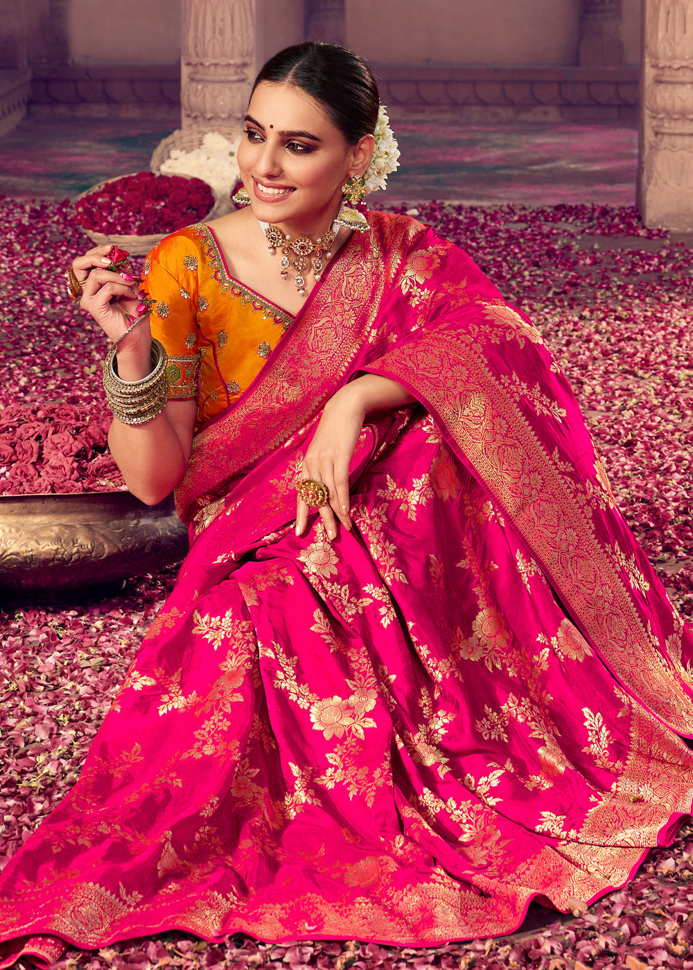 Buy MySilkLove Winter Pink and Yellow Zari Woven Designer Banarasi Saree Online