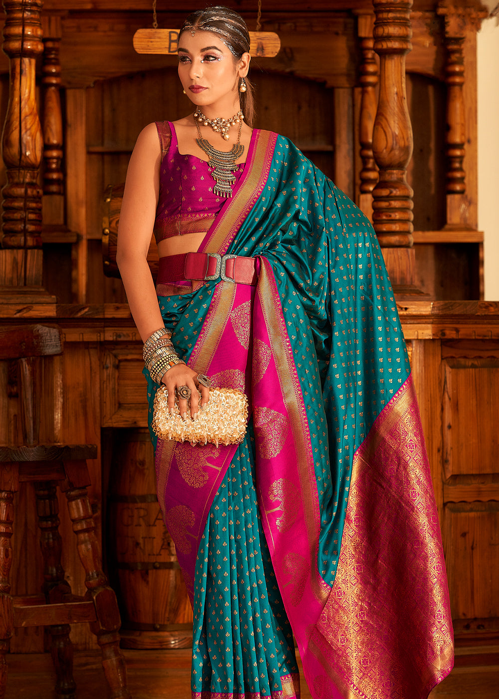 Buy MySilkLove Elm Blue and Pink Woven Banarasi Soft Silk Saree Online