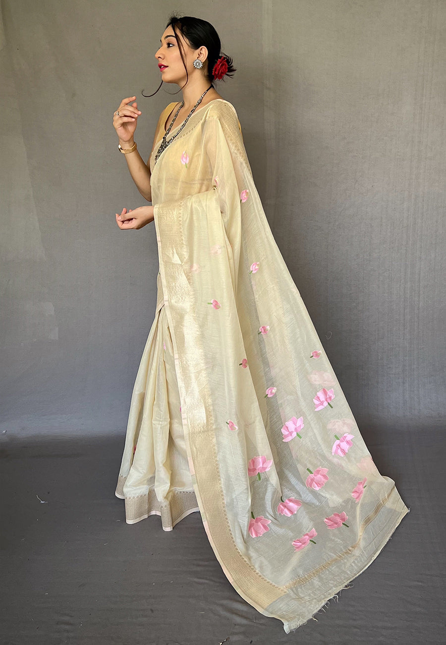 Buy MySilkLove Sapling Cream Cotton Lotus Woven Silk Saree Online