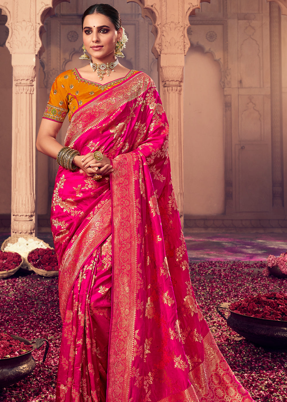 Buy MySilkLove Winter Pink and Yellow Zari Woven Designer Banarasi Saree Online