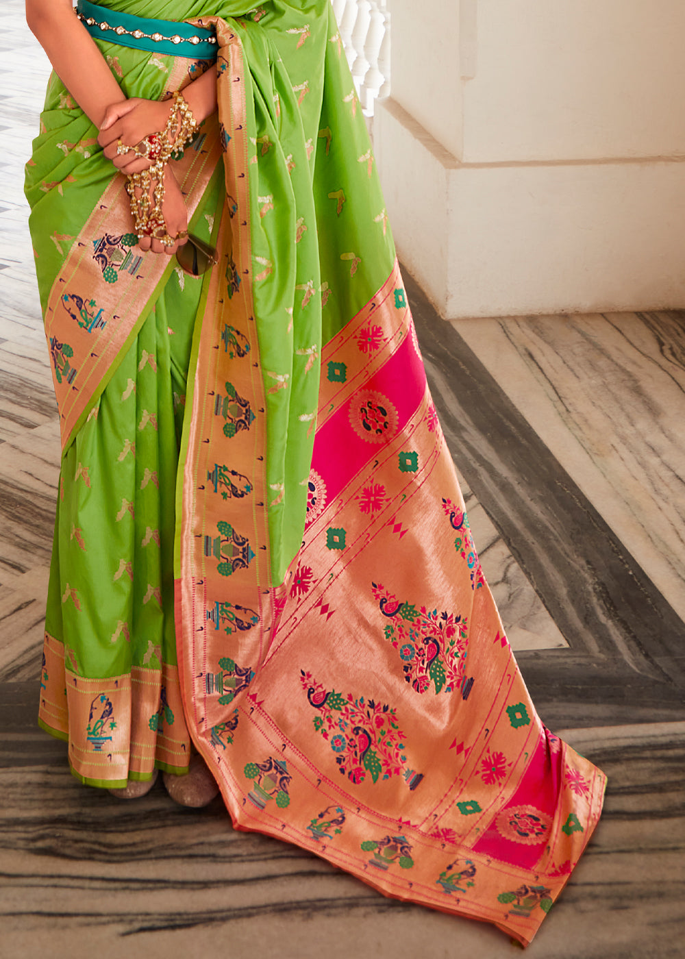 Buy MySilkLove Parrot Green and Pink Zari Woven Paithani Silk Saree Online