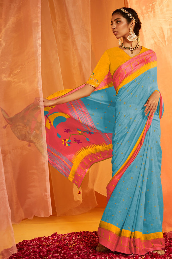 Pink Brocade Blouse with Light Blue Saree – Dri By Himadri
