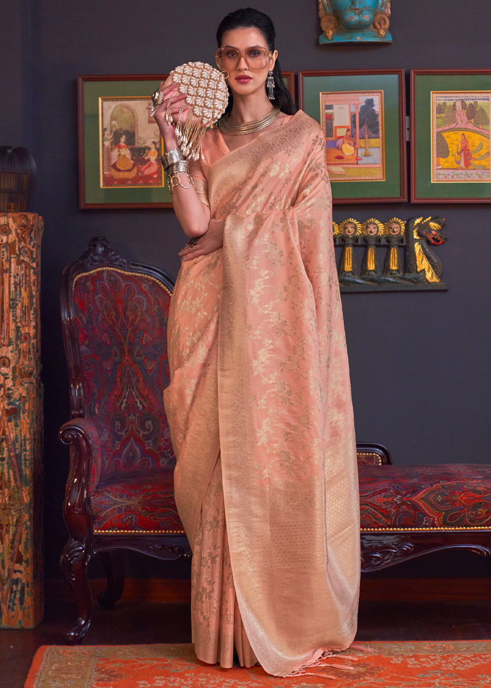 Manhattan Peach Banarasi Katan Silk Saree from MySilkLove, a wedding-season pick for Banarasi saree shoppers in Hyderabad