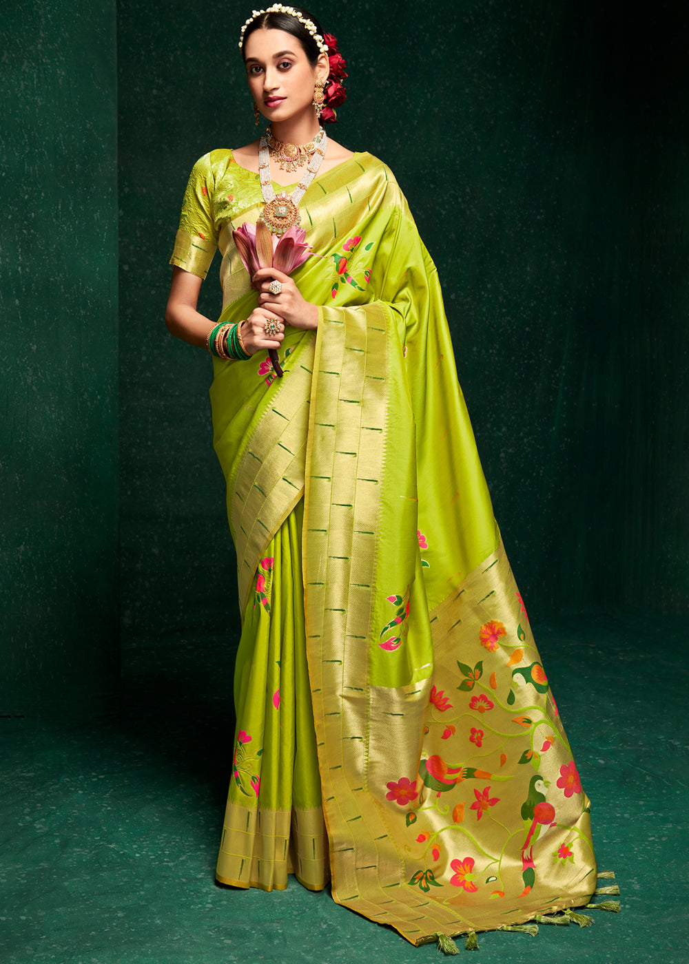 Buy MySilkLove Limeade Green Woven Paithani Silk Saree With Brocade Blouse Online