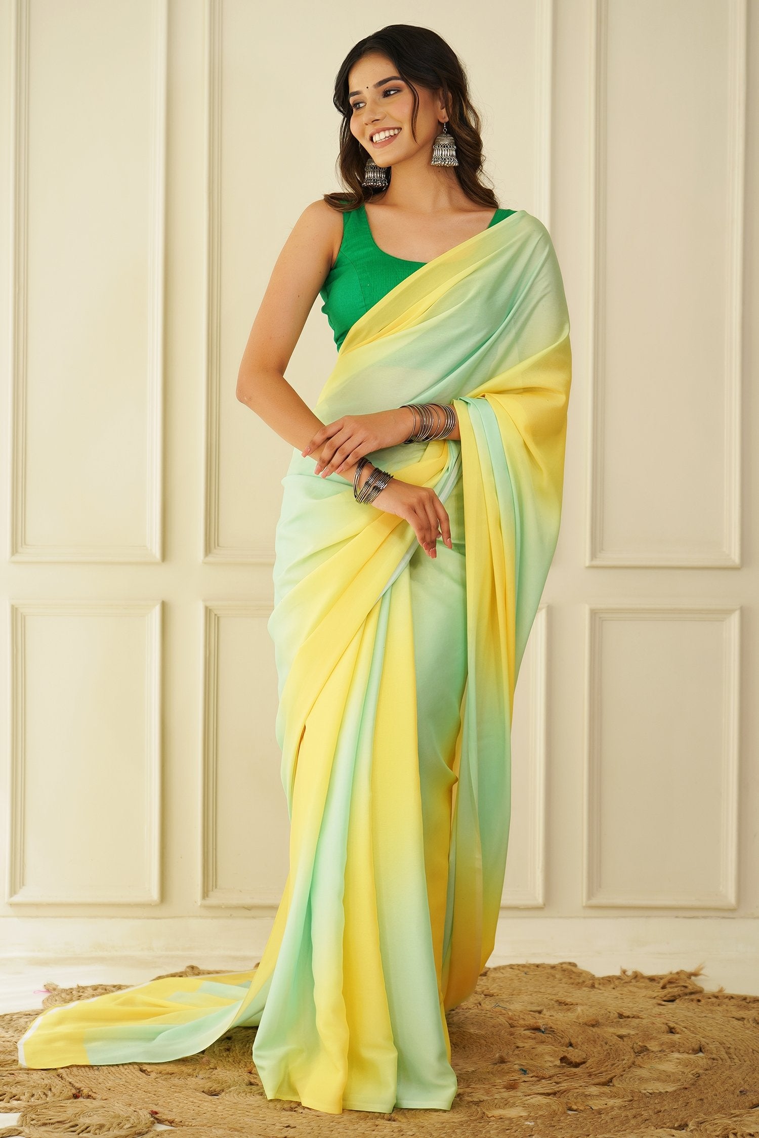Buy MySilkLove Cream Can Yellow and Green Crepe Silk Georgette Saree Online