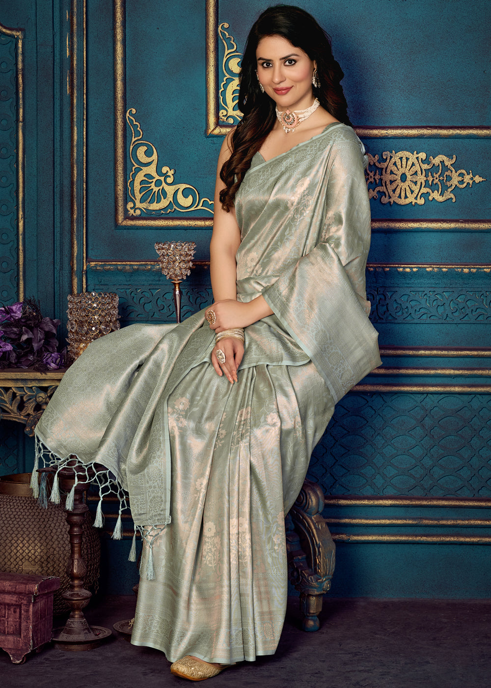 Buy MySilkLove Delta Grey Woven Banarasi Jacquard Silk Saree Online