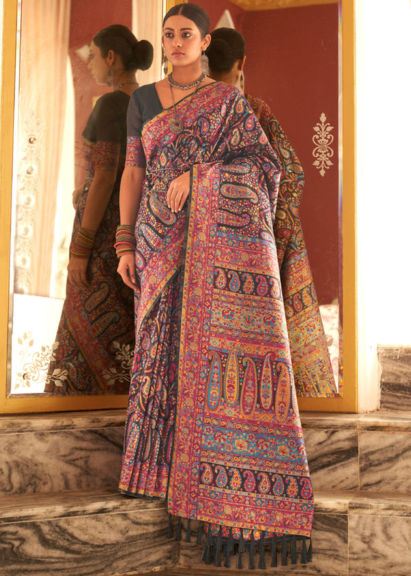 Rock Black Woven Kashmiri Jamewar Silk Saree