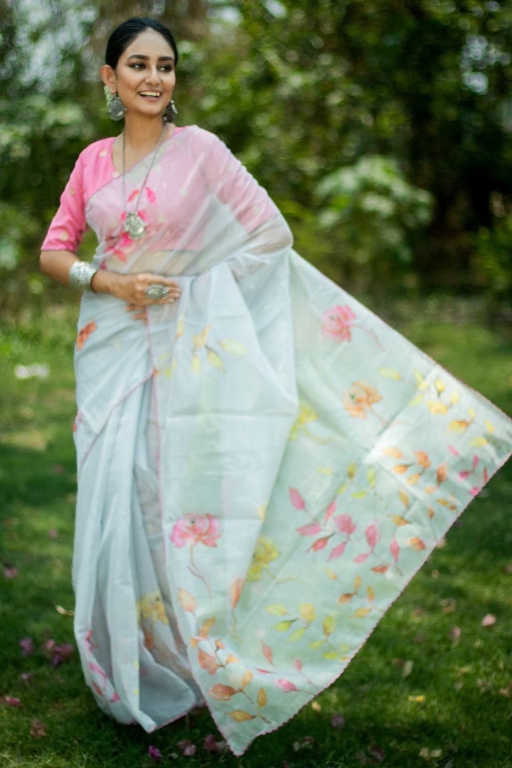Buy MySilkLove Geyser Blue and Pink Floral Design Organza Printed Saree Online