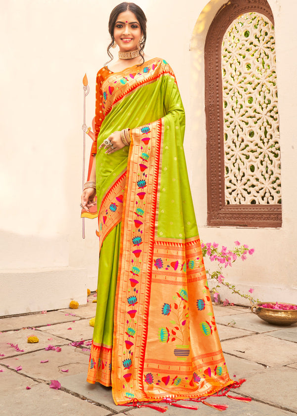 Pear Green Woven Paithani Silk Saree