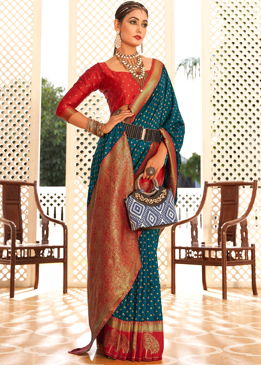 Buy MySilkLove Blumine Blue and Red Woven Banarasi Soft Silk Saree Online