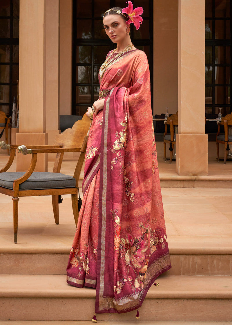 Buy Floral Print Pink Faux Georgette Printed Saree Online : 58399 -