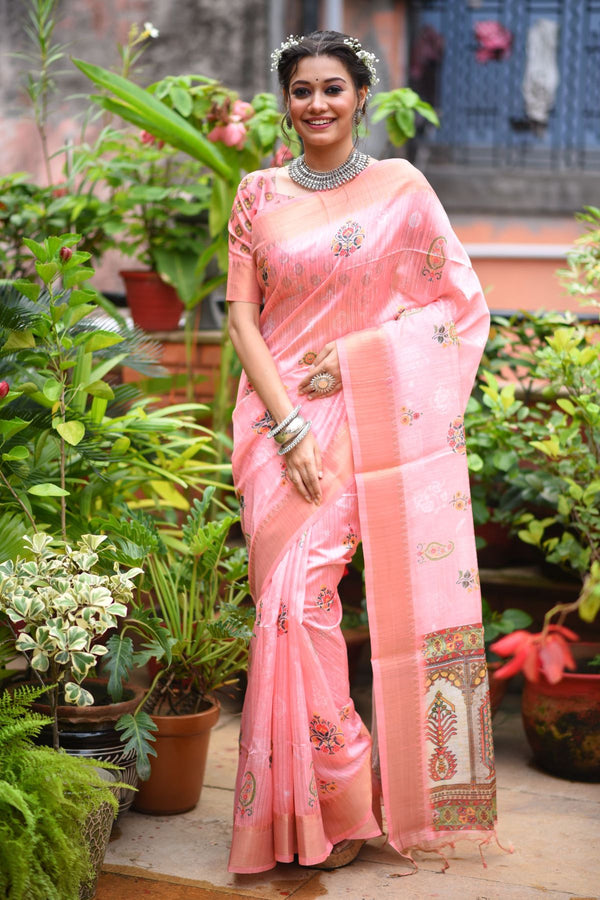 Bush Pink Printed South Silk Saree