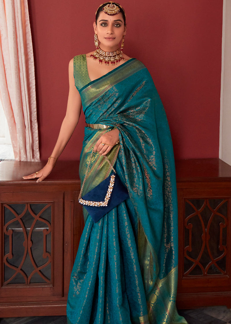 Casal Blue Bronze Zari Woven Kanjivaram Silk Saree