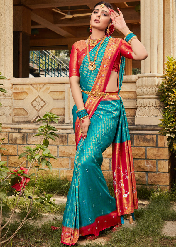 Pink Wedding Saree and blue Blouse | Wedding blouse designs, South indian  bride, Saree blouse designs