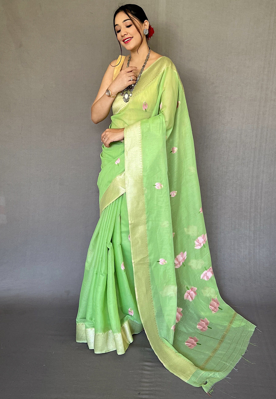Buy MySilkLove Gossip Green Cotton Lotus Woven Silk Saree Online