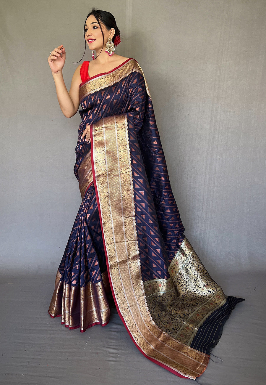Buy MySilkLove Oxford Blue Banarasi Silk Leheriya Copper Zari Woven Saree Online
