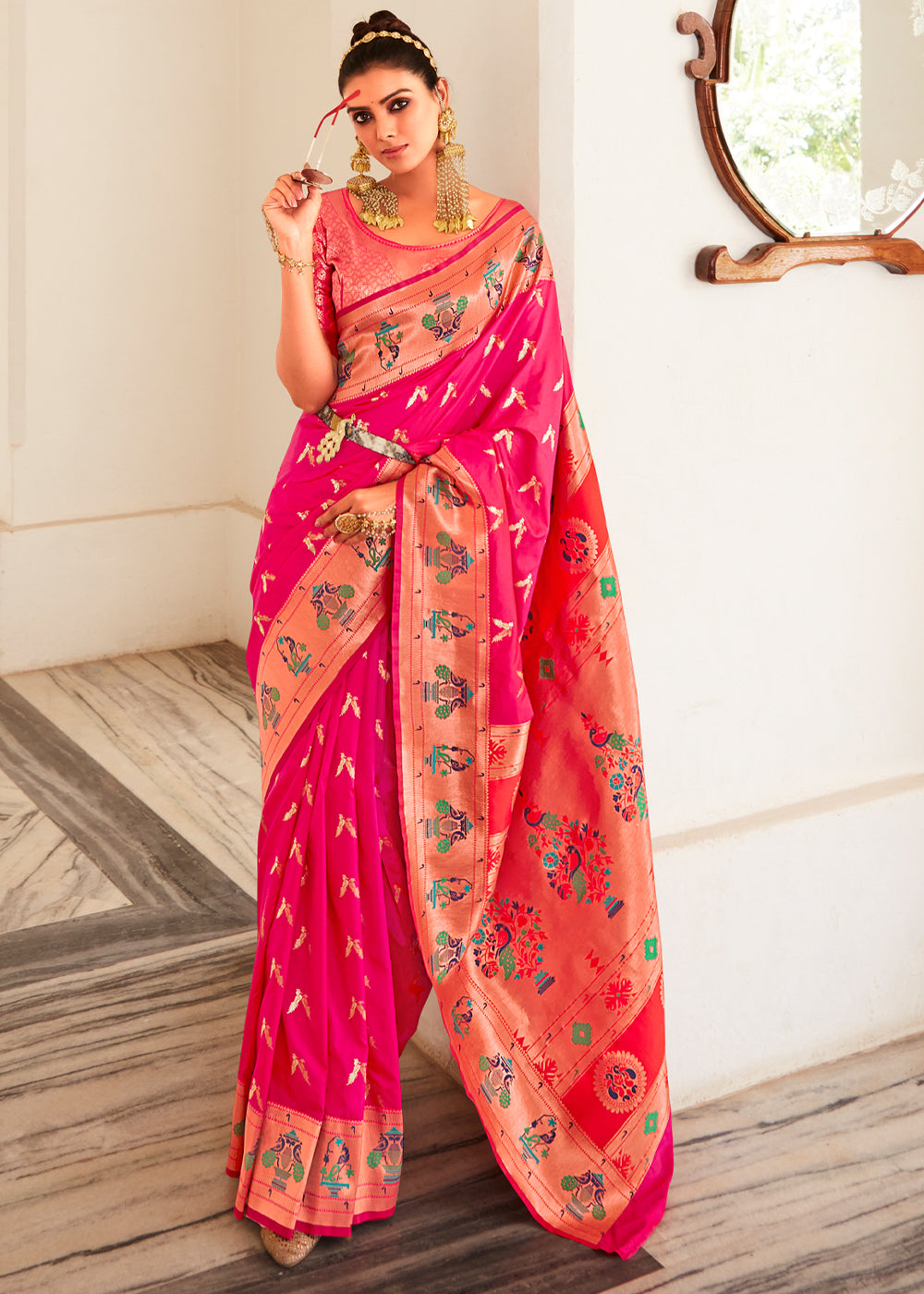 Buy MySilkLove Amaranth Pink Zari Woven Paithani Silk Saree Online
