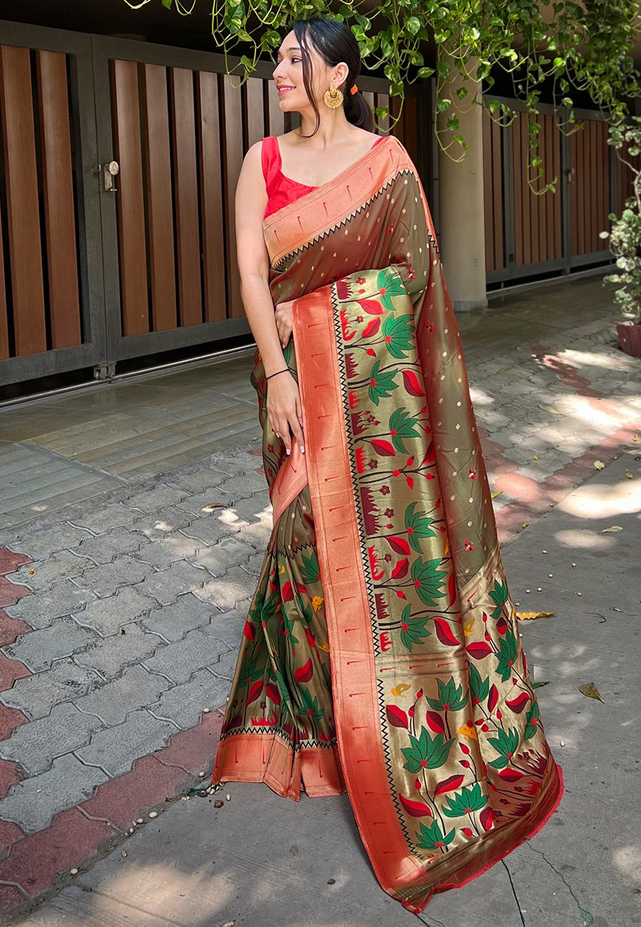 Buy MySilkLove Metal Green Zari Woven Titli Royal Paithani Silk Saree Online