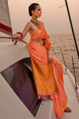 James Orange Woven Satin Handloom Silk Saree