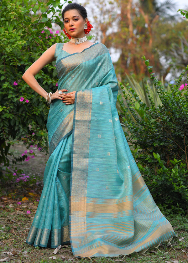 Tradewind Blue Maheshwari Woven Silk Saree