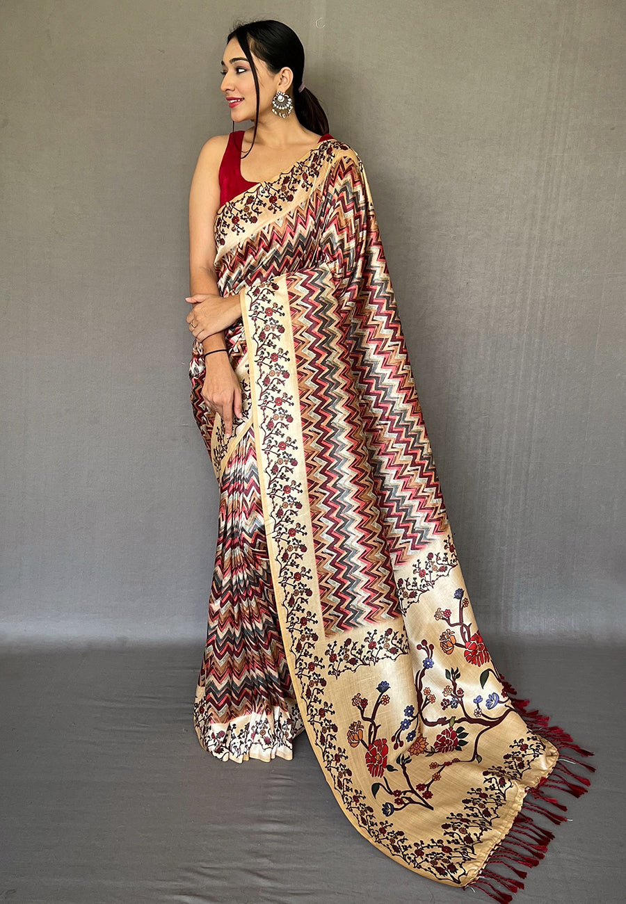 Buy MySilkLove Tamarillo Maroon Multicolor Ikat Printed Saree Online