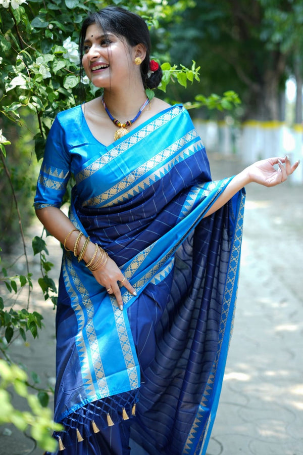 Denim Blue Woven Tussar Silk Saree