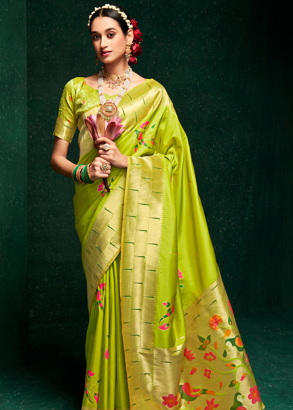 MySilkLove Limeade Green Woven Paithani Silk Saree With Brocade Blouse