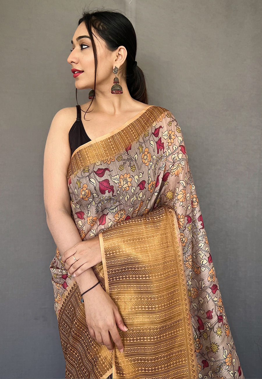 MySilkLove Cashmere Brown Zari Woven Cotton Kalamkari Digital Printed Saree