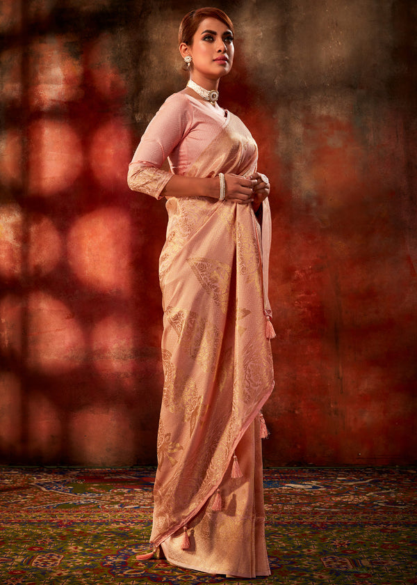 Wax Flower Peach Woven Kanjivaram Silk Saree