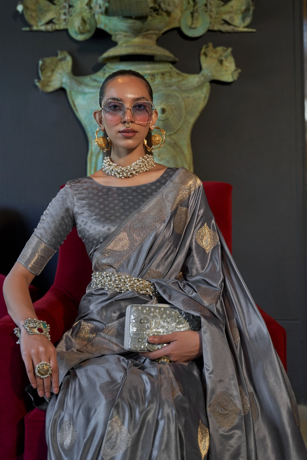 MySilkLove Abbey Grey Woven Banarasi Silk Saree