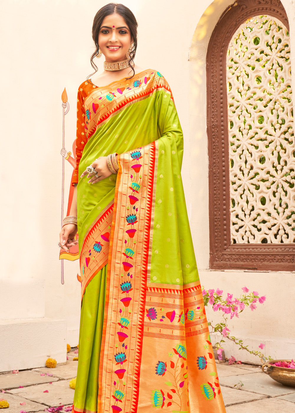 Buy MySilkLove Pear Green Woven Paithani Silk Saree Online