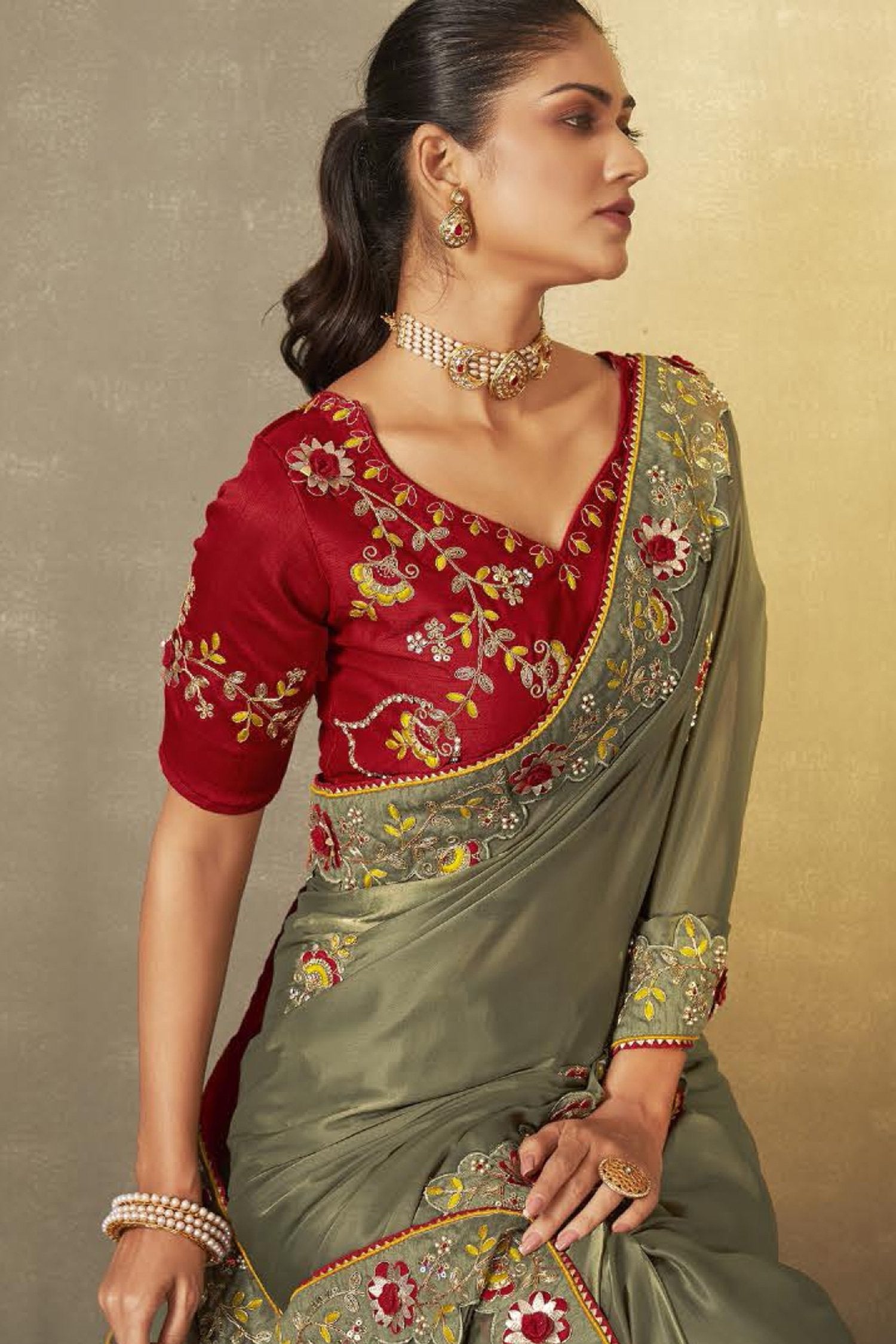 Buy MySilkLove Hemlock Green and Maroon Embroidered Silk Saree with Designer Blouse Online