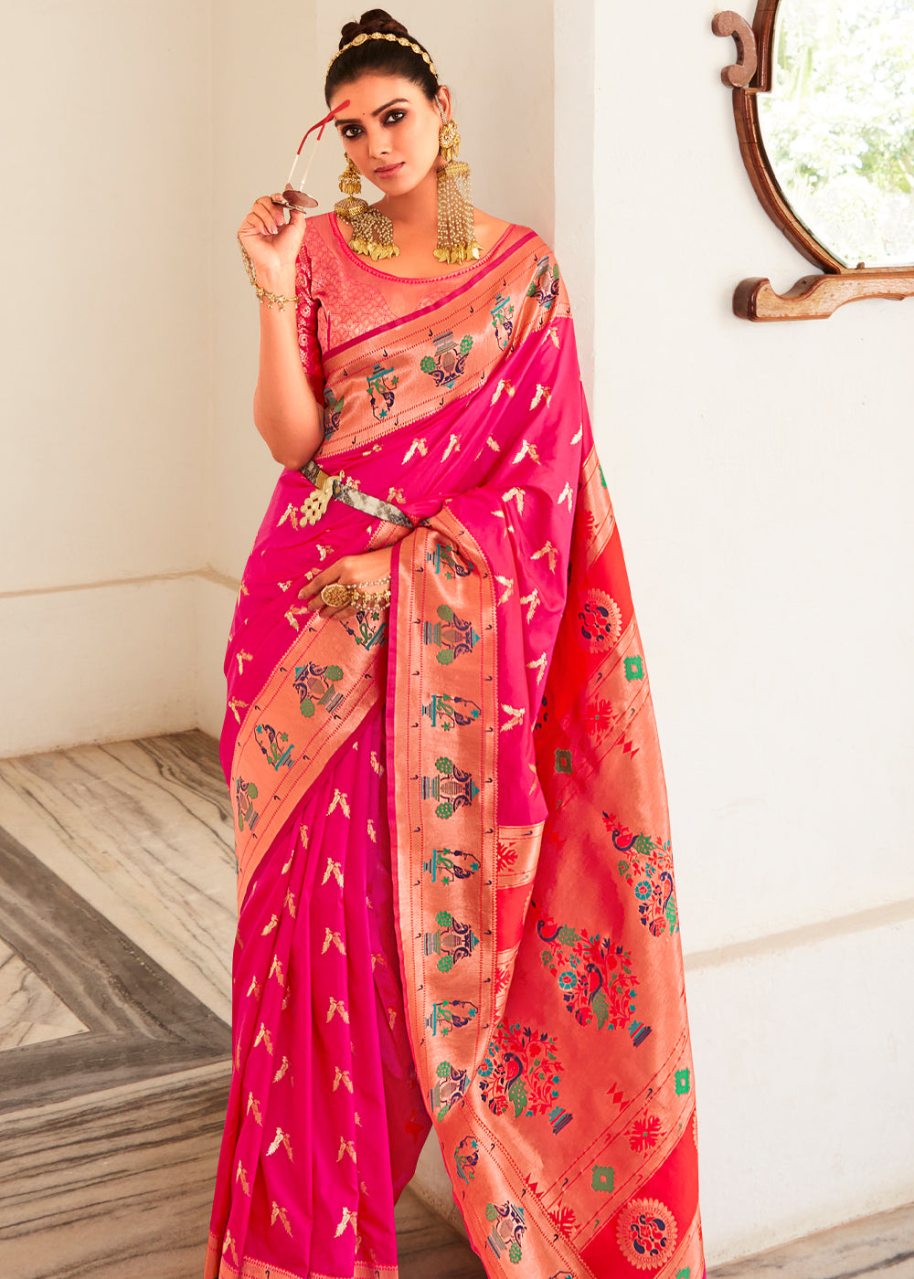 Buy MySilkLove Amaranth Pink Zari Woven Paithani Silk Saree Online