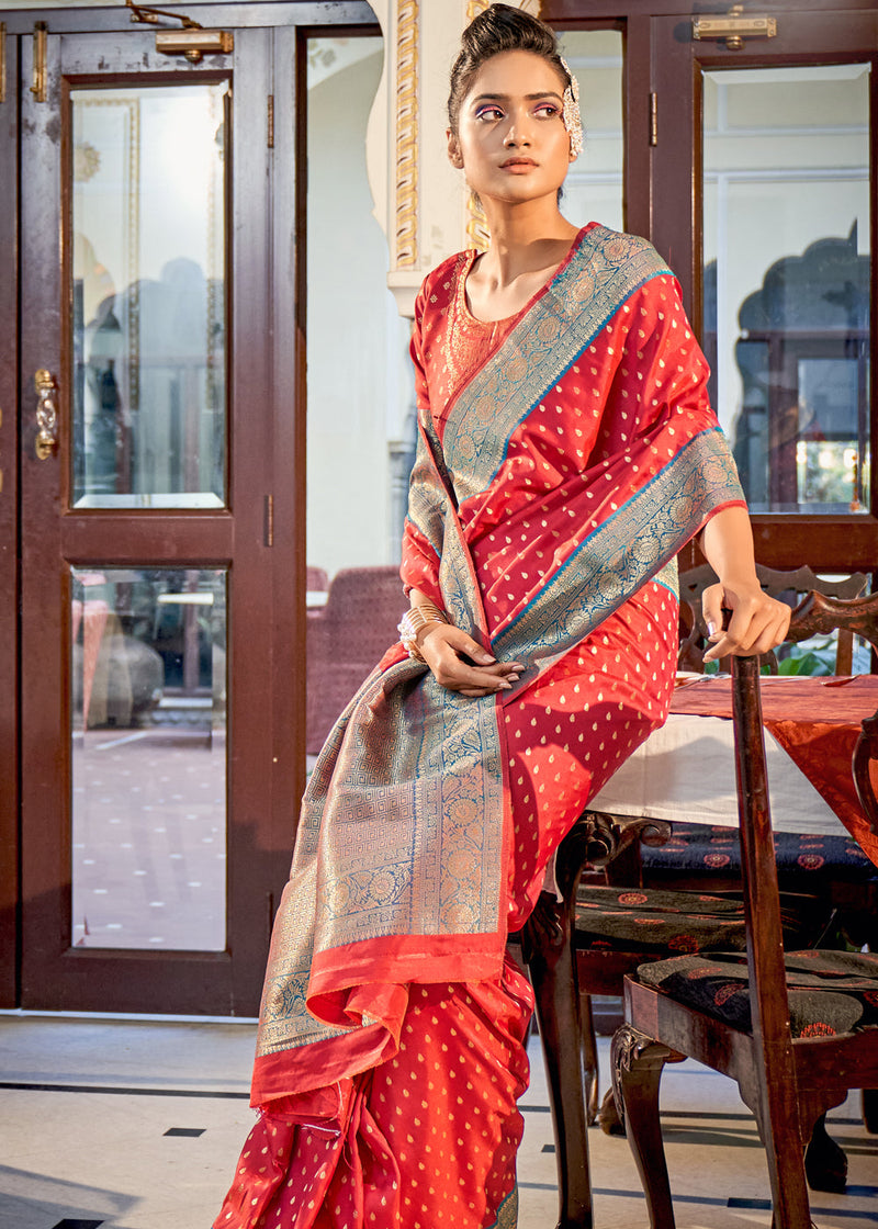 Red Bridal Woven Banarasi Silk Saree With Blouse