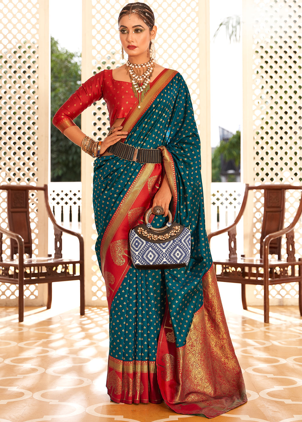 Buy MySilkLove Blumine Blue and Red Woven Banarasi Soft Silk Saree Online