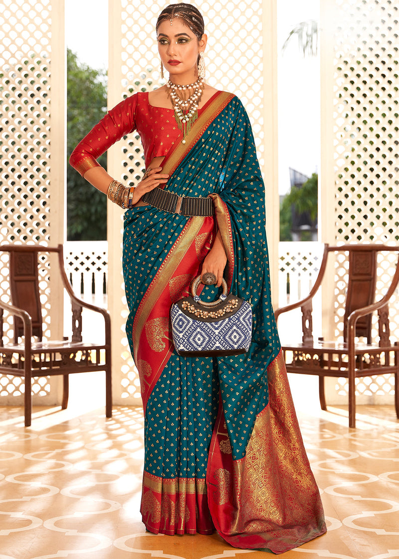 BLUE IKAT & RED SEMI SILK COMBINATION SAREE WITH KUTCH MIRROR WORK BOR –  ShopBollyWear.Com