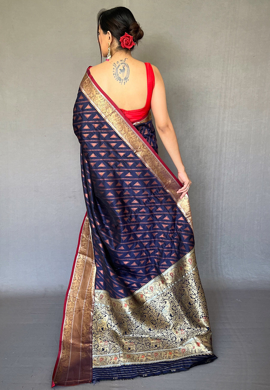 Buy MySilkLove Oxford Blue Banarasi Silk Leheriya Copper Zari Woven Saree Online