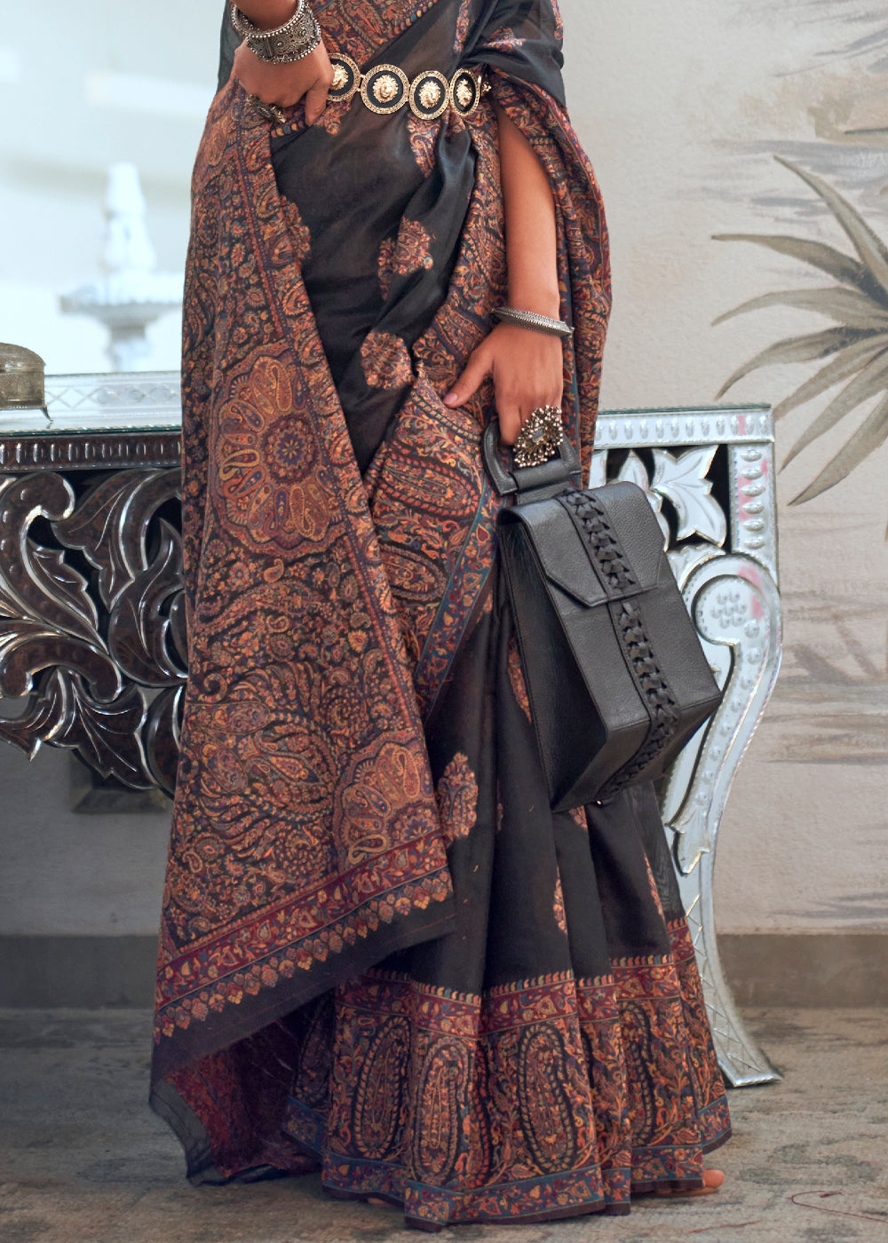 Buy MySilkLove Thunder Black Handloom Pure Kashmiri Jamawar Saree Online