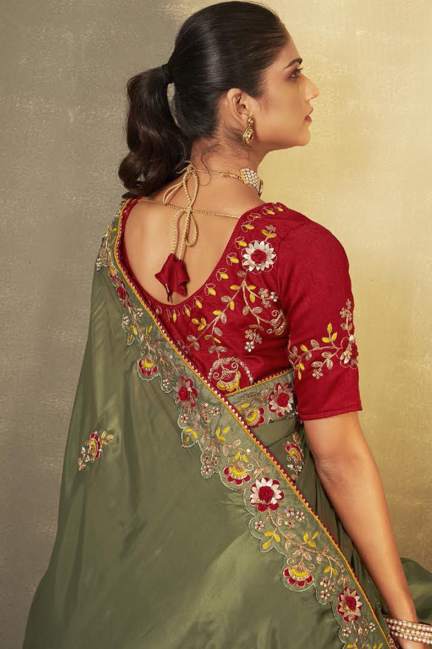 Buy MySilkLove Hemlock Green and Maroon Embroidered Silk Saree with Designer Blouse Online