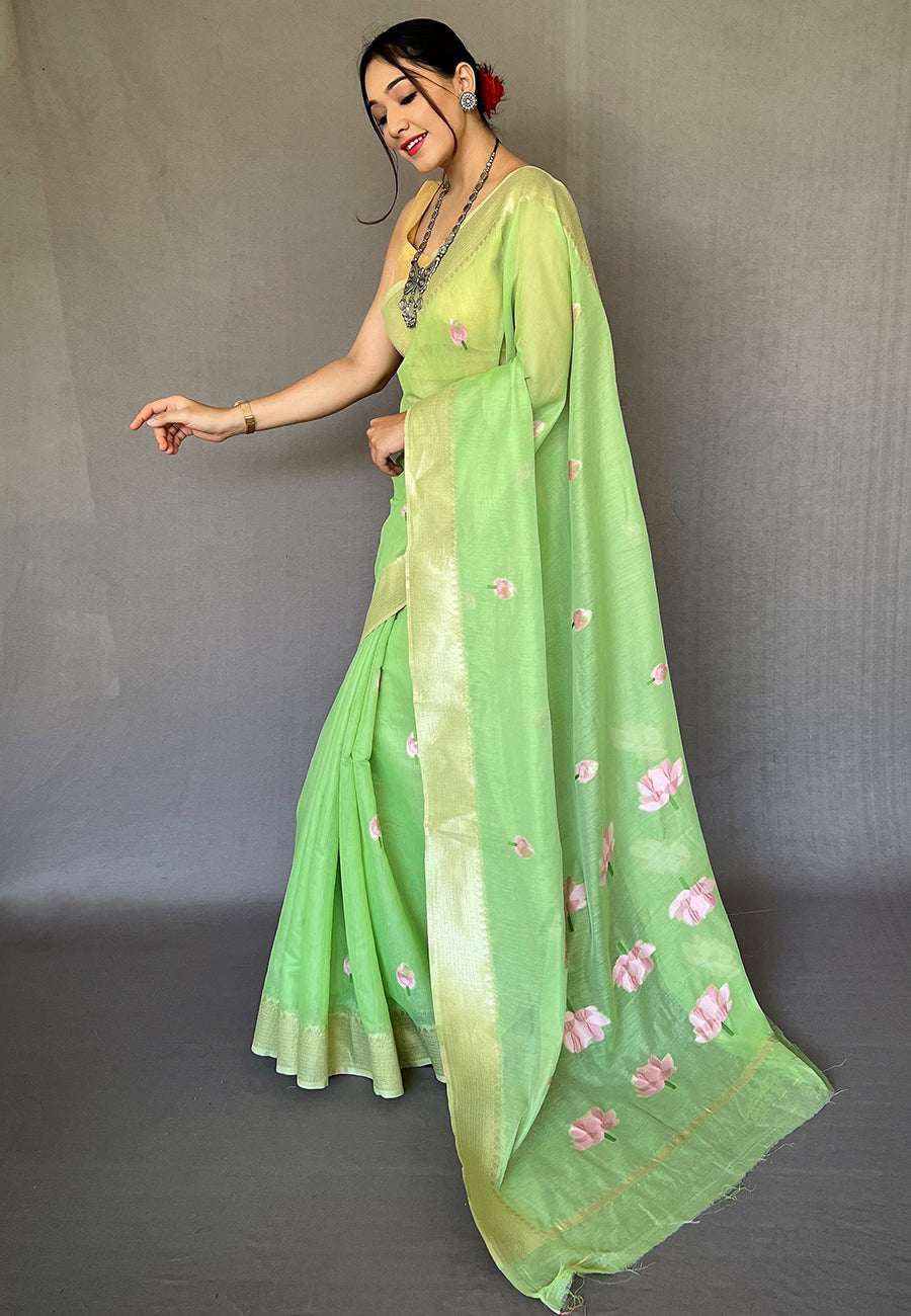 Buy MySilkLove Gossip Green Cotton Lotus Woven Silk Saree Online