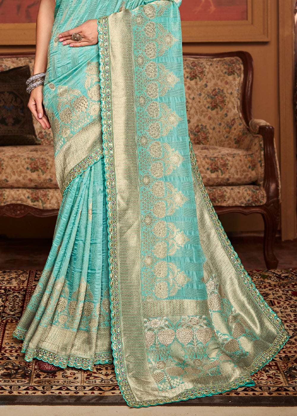 Buy MySilkLove Sinbad Blue Woven Banarasi Designer Silk Saree With Embroidered Blouse Online