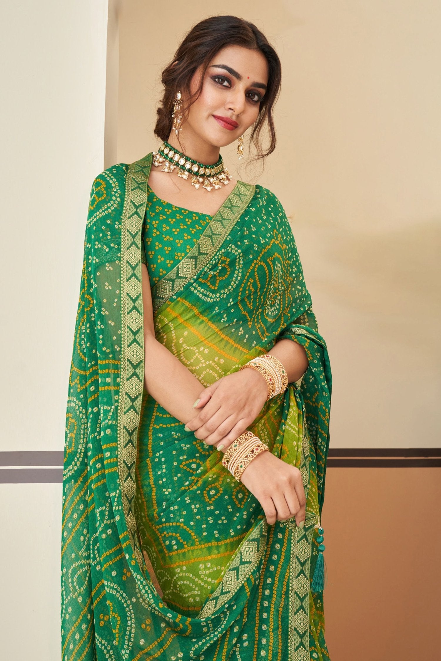 MySilkLove Aqua Forest Green Chiffon Bandhani saree