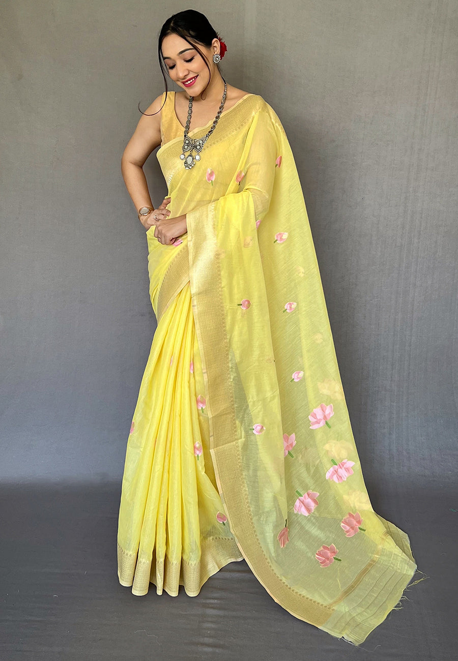 Buy MySilkLove Marigold Yellow Cotton Lotus Woven Silk Saree Online