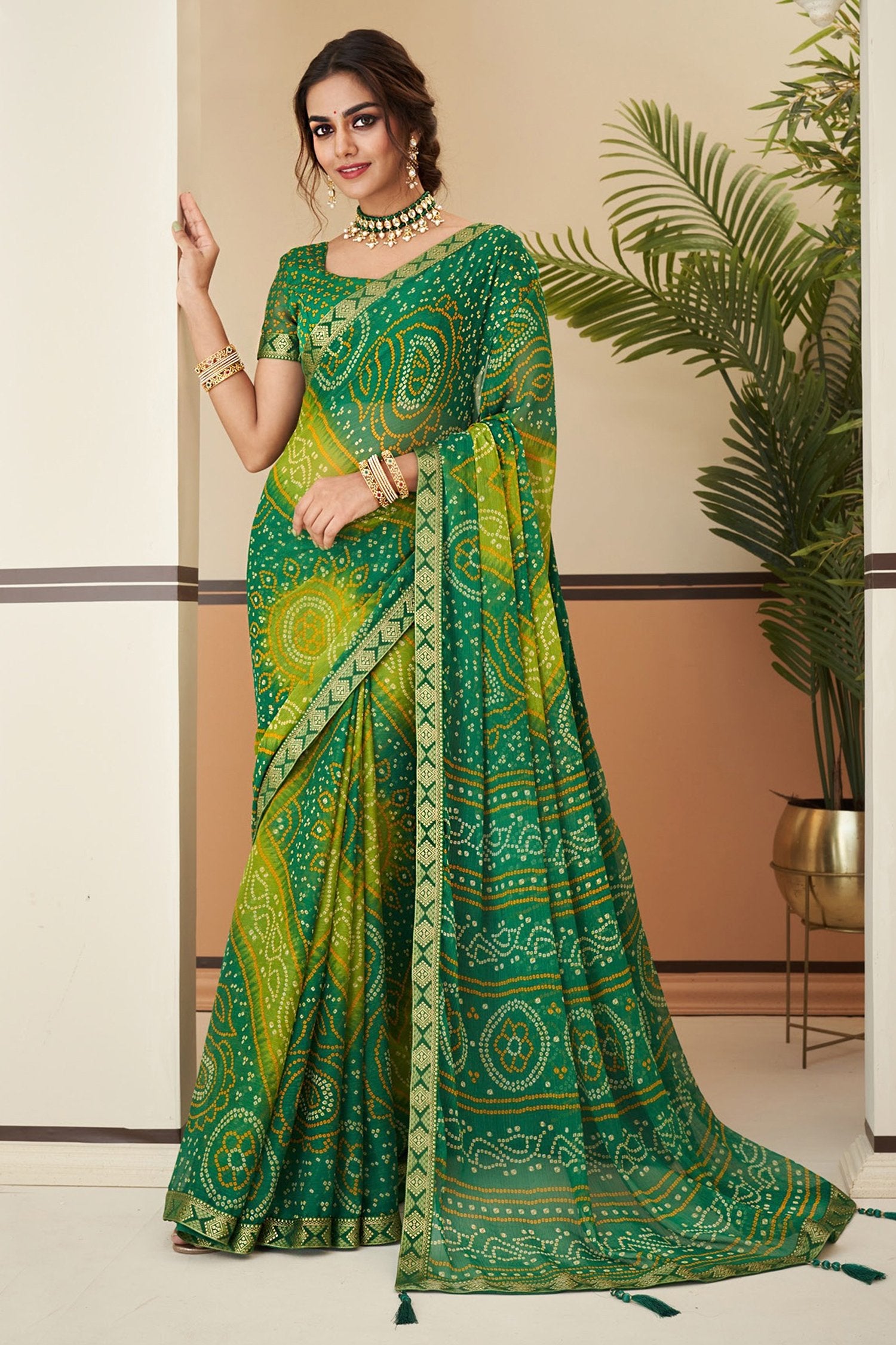 Buy MySilkLove Aqua Forest Green Chiffon Bandhani saree Online