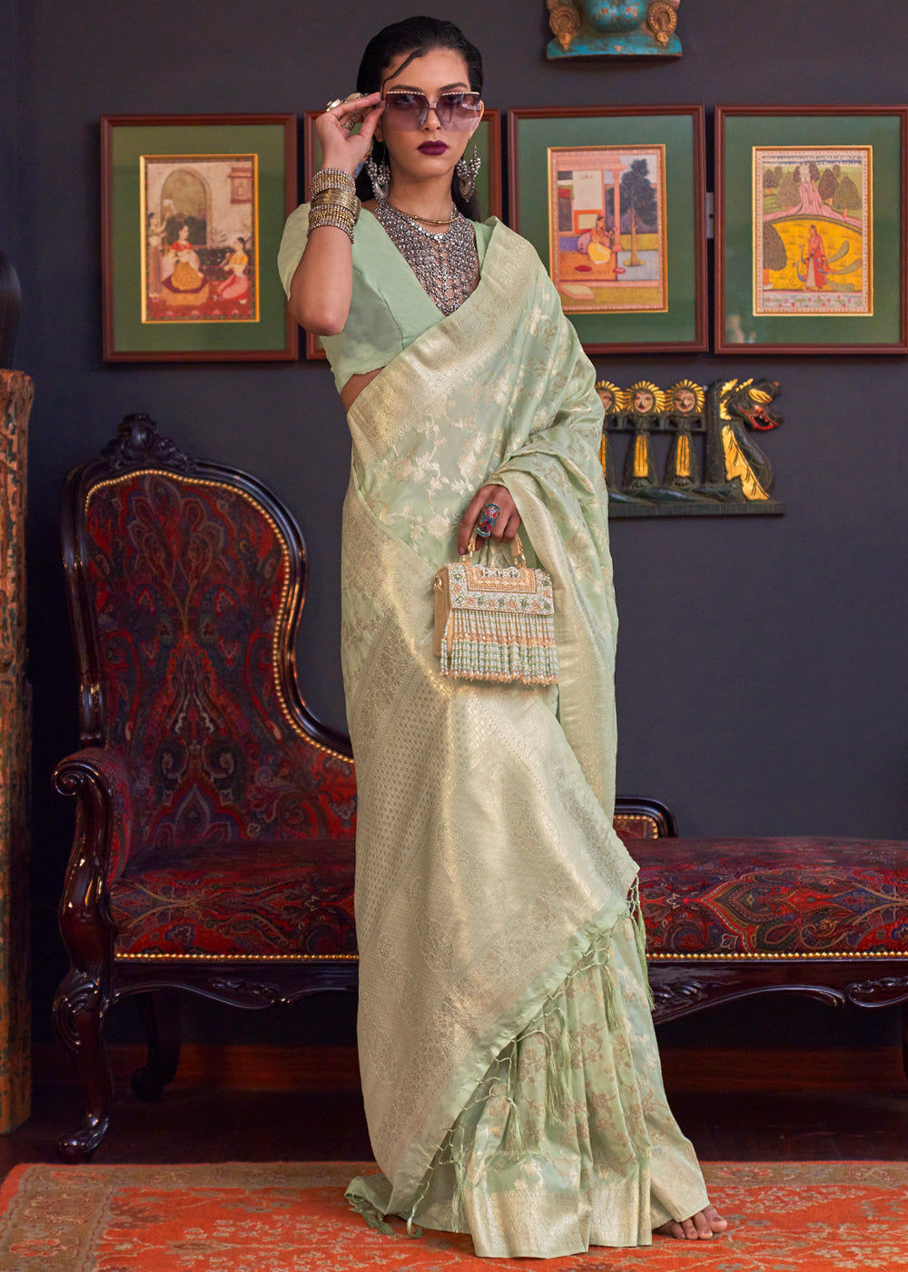 Buy MySilkLove Locust Green Banarasi Katan Silk Saree Online