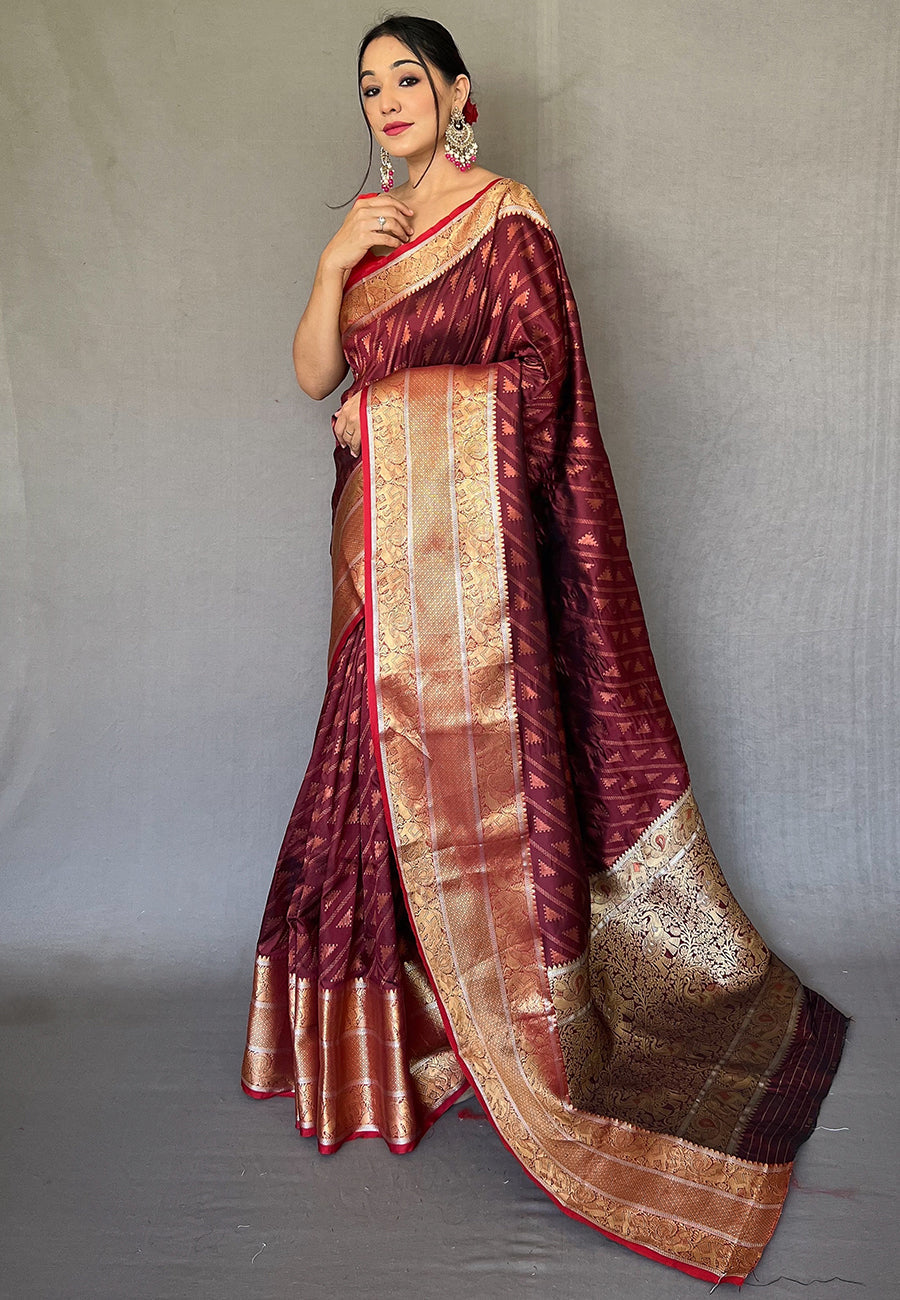 Buy MySilkLove Tosca Brown Banarasi Silk Leheriya Copper Zari Woven Saree Online