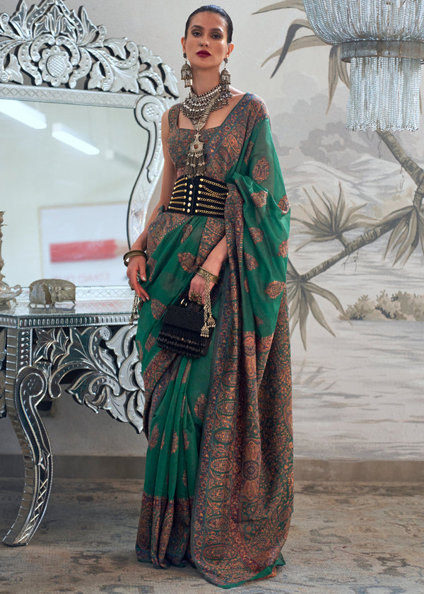Plantation Green Handloom Pure Kashmiri Jamawar Saree