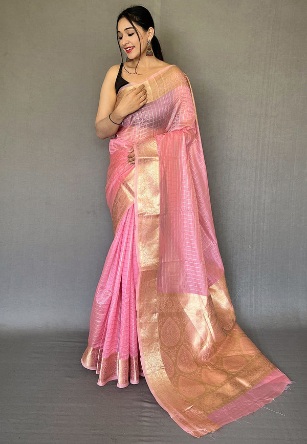 Mauvelous Pink Zari Woven Organza Checks Saree