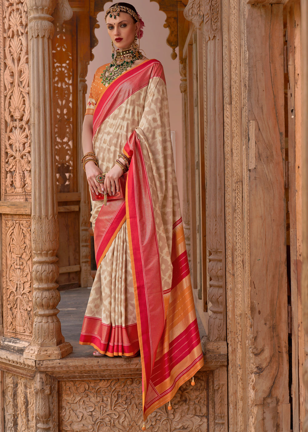 Buy MySilkLove Cameo Cream and Red Woven Patola Silk Saree Online